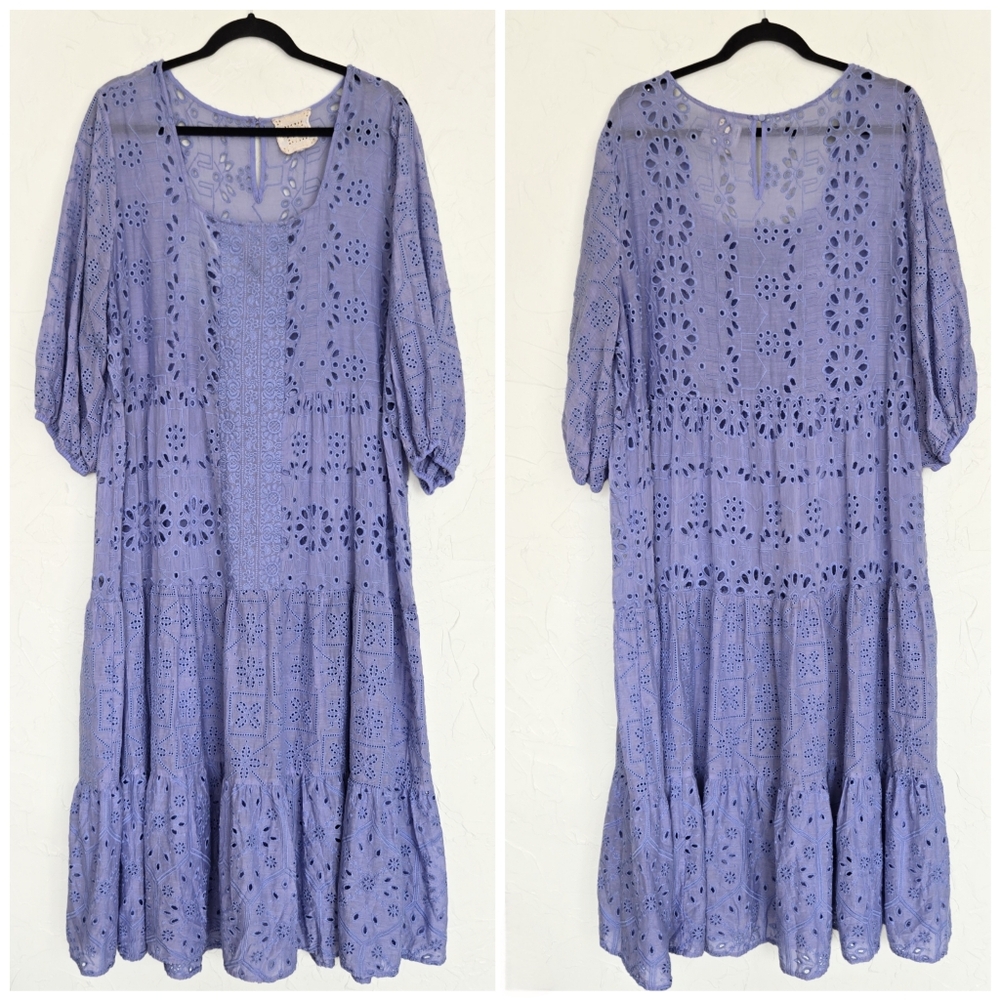 Johnny Was Boho Castillo Eyelet Periwinkle Purple Tiered Dress, XL - Picture 2 of 12